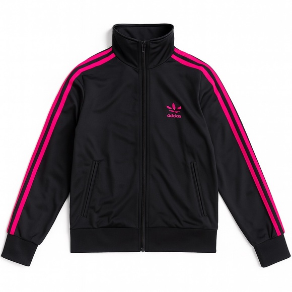 New Adidas Originals Black Track Jacket Pink Trefoil Logo Stripes Streetwear M - Picture 1 of 7